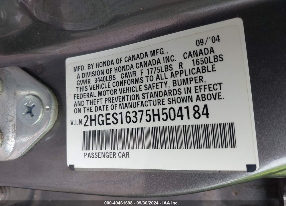 2005 HONDA CIVIC VP VIN: 2HGES16375H504184