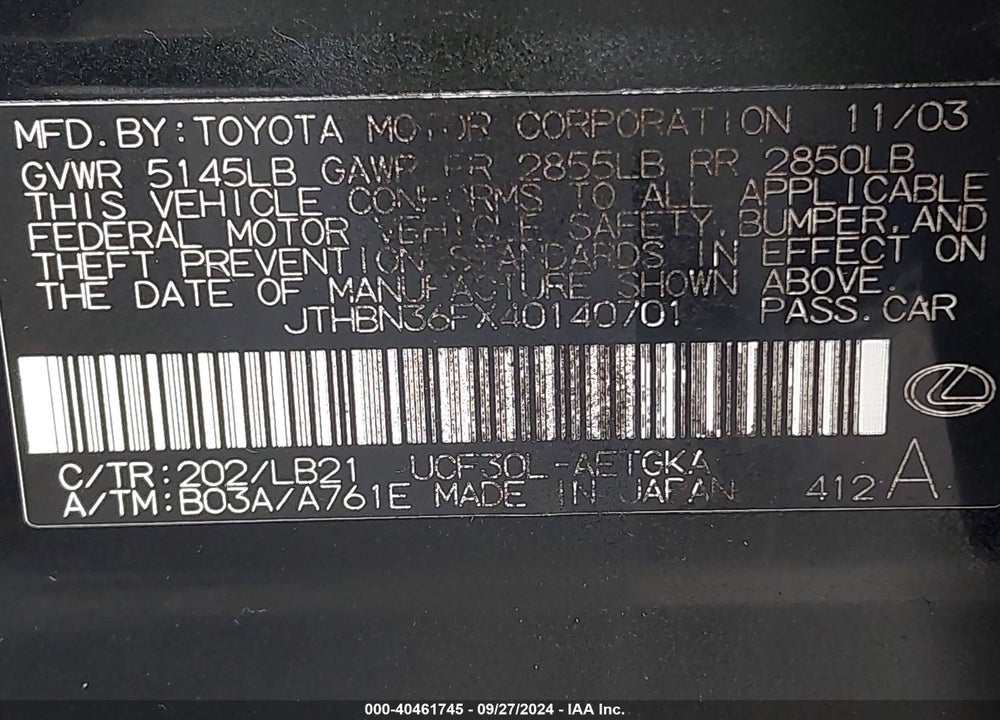 2004 LEXUS LS 430 VIN: JTHBN36FX40140701