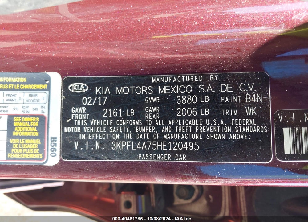 2017 KIA FORTE VIN: 3KPFL4A75HE120495