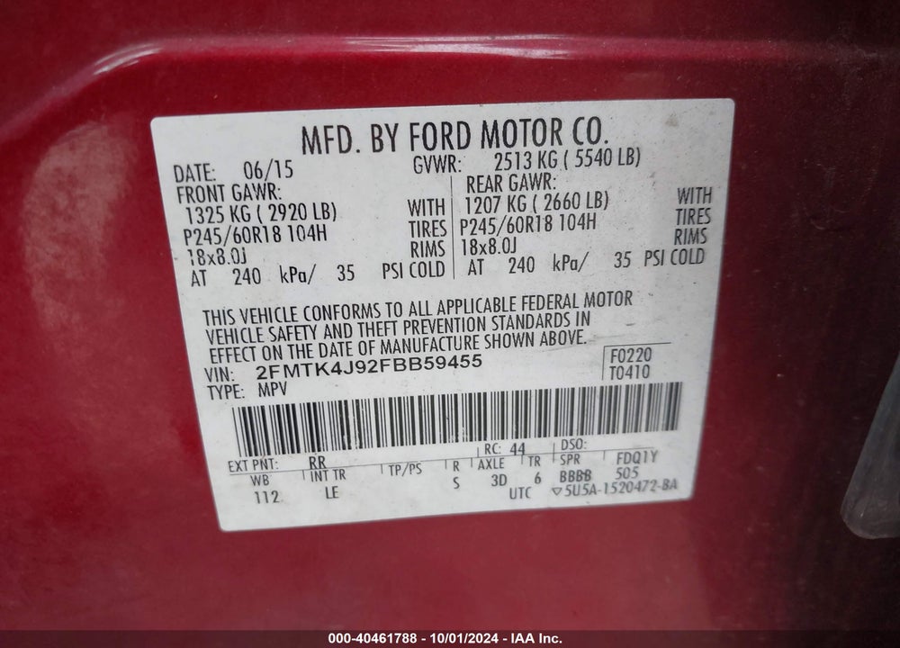 2015 FORD EDGE SEL VIN: 2FMTK4J92FBB59455