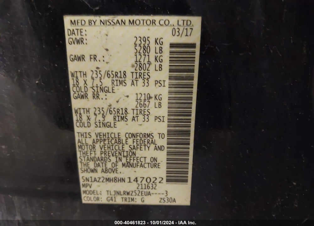 2017 NISSAN MURANO SL VIN: 5N1AZ2MH8HN147022