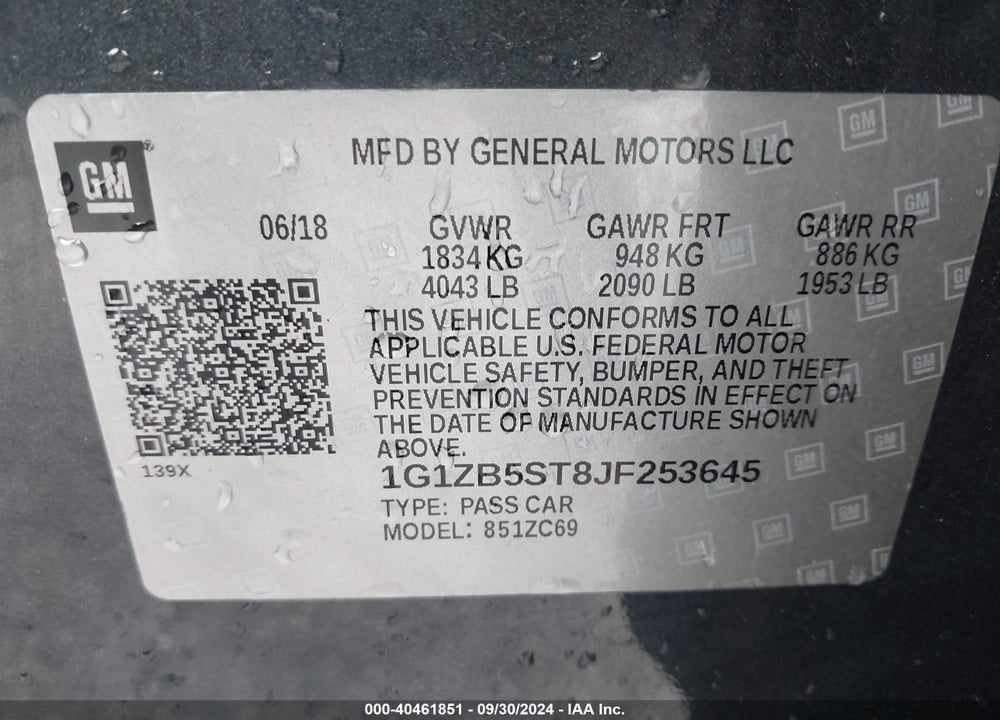 2018 CHEVROLET MALIBU 1LS VIN: 1G1ZB5ST8JF253645