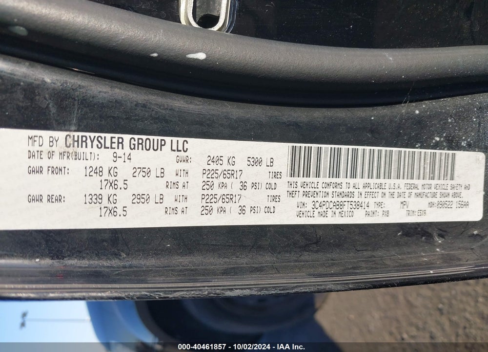 2015 DODGE JOURNEY SE VIN: 3C4PDCAB8FT538414
