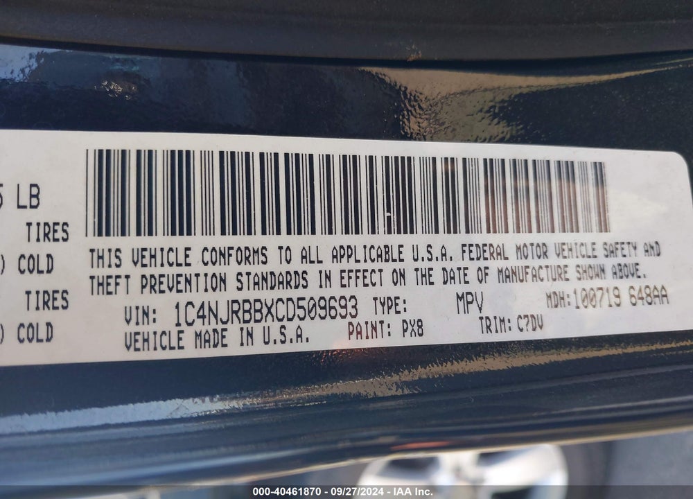 2012 JEEP PATRIOT SPORT VIN: 1C4NJRBBXCD509693