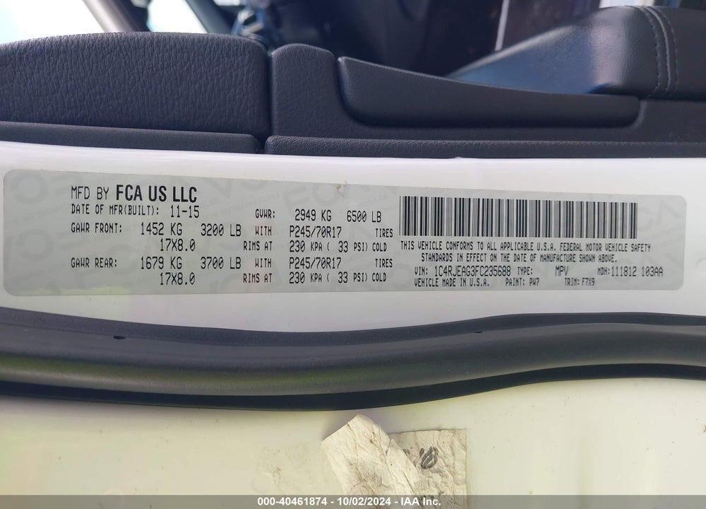 2015 JEEP GRAND CHEROKEE LAREDO VIN: 1C4RJEAG3FC235688