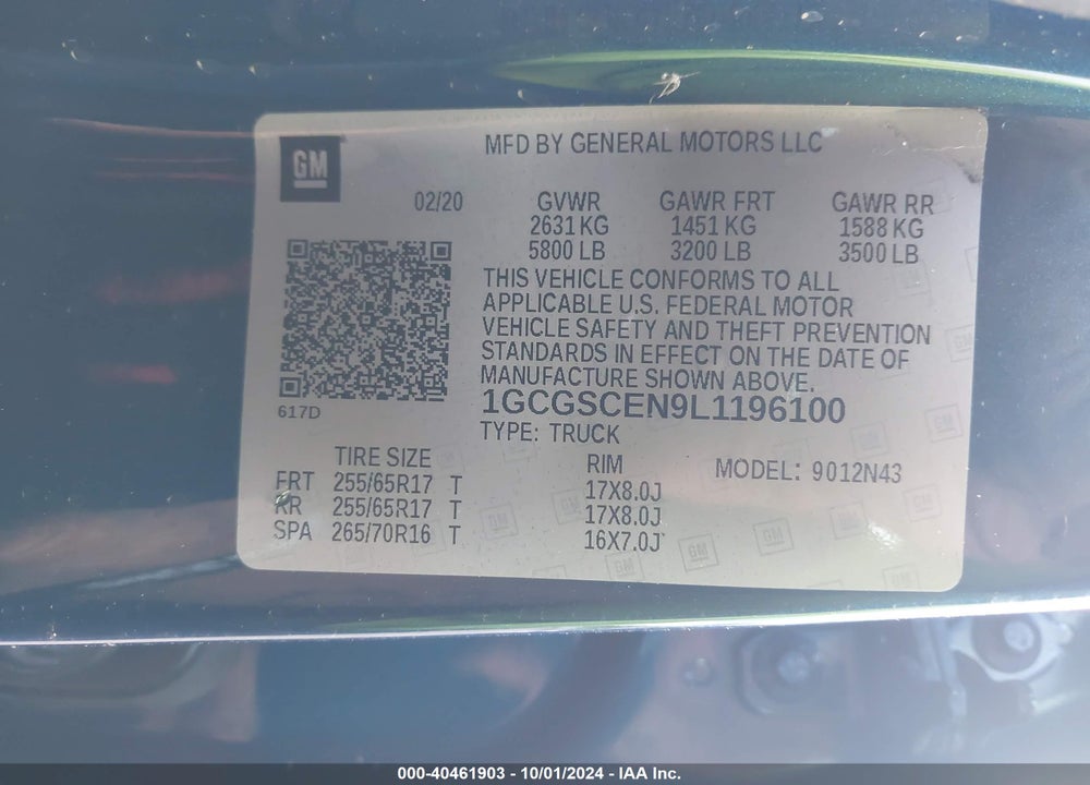 2020 CHEVROLET COLORADO 2WD SHORT BOX LT VIN: 1GCGSCEN9L1196100