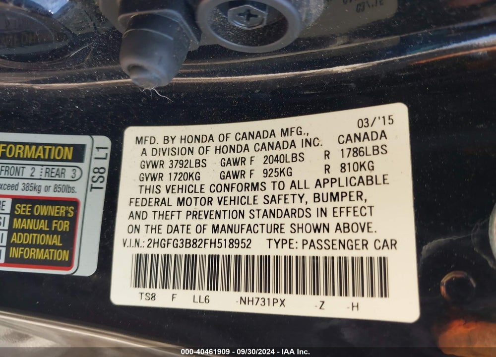 2015 HONDA CIVIC EX VIN: 2HGFG3B82FH518952