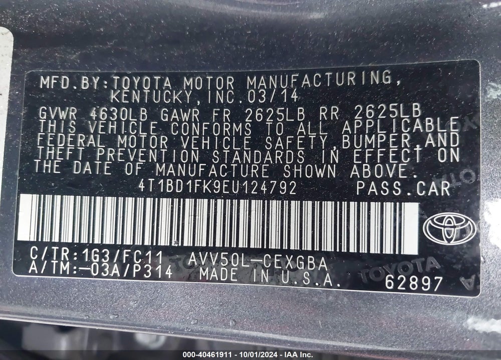 2014 TOYOTA CAMRY HYBRID XLE VIN: 4T1BD1FK9EU124792