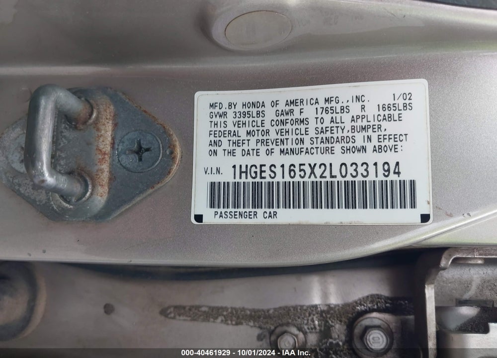 2002 HONDA CIVIC LX VIN: 1HGES165X2L033194