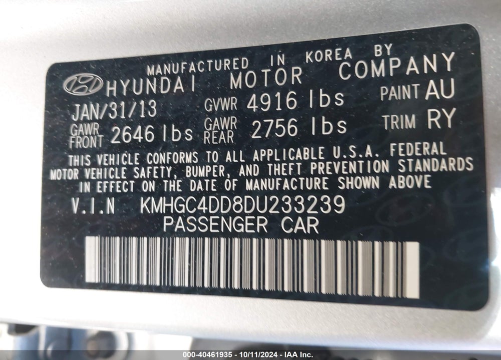2013 HYUNDAI GENESIS 3.8 VIN: KMHGC4DD8DU233239