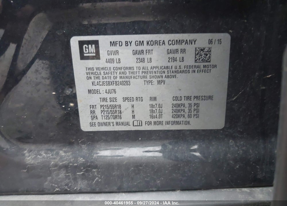 2015 BUICK ENCORE VIN: KL4CJESBXFB240203