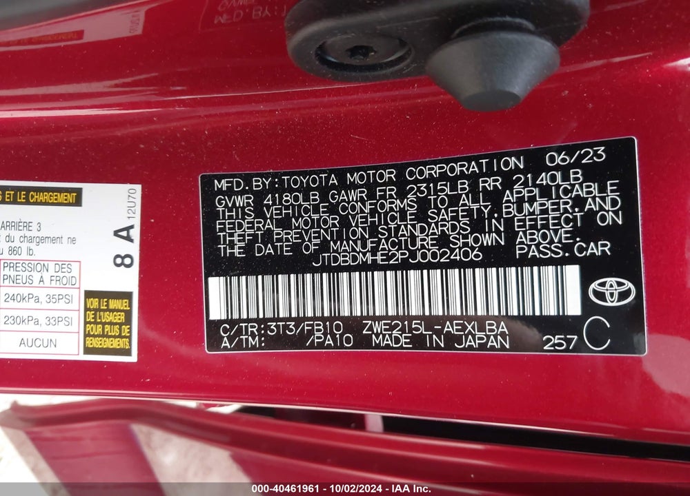 2023 TOYOTA COROLLA HYBRID LE VIN: JTDBDMHE2PJ002406