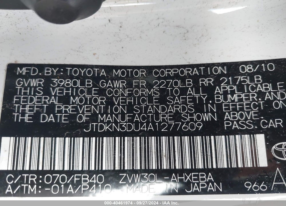 2010 TOYOTA PRIUS II VIN: JTDKN3DU4A1277609