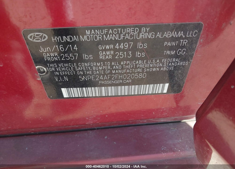 2015 HYUNDAI SONATA SE VIN: 5NPE24AF2FH020580