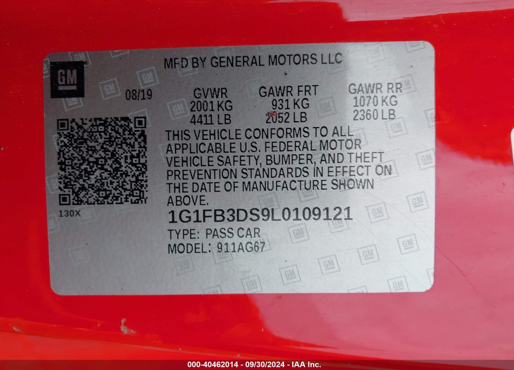 2020 CHEVROLET CAMARO RWD 1LT VIN: 1G1FB3DS9L0109121