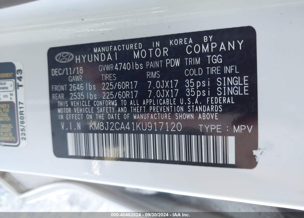 2019 HYUNDAI TUCSON SE VIN: KM8J2CA41KU917120