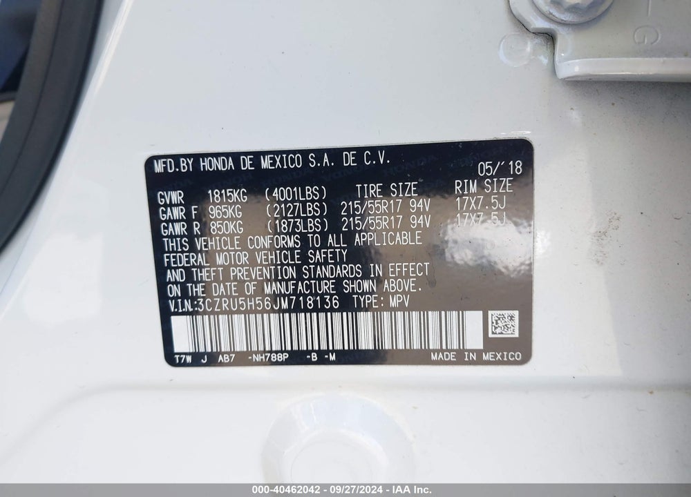 2018 HONDA HR-V EX VIN: 3CZRU5H56JM718136