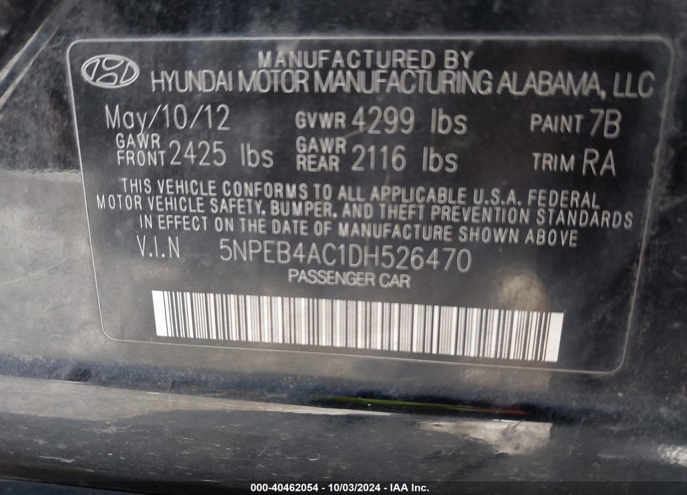 2013 HYUNDAI SONATA GLS VIN: 5NPEB4AC1DH526470
