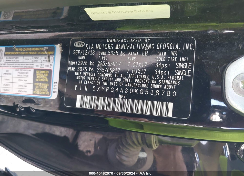2019 KIA SORENTO 2.4L L VIN: 5XYPG4A30KG518780