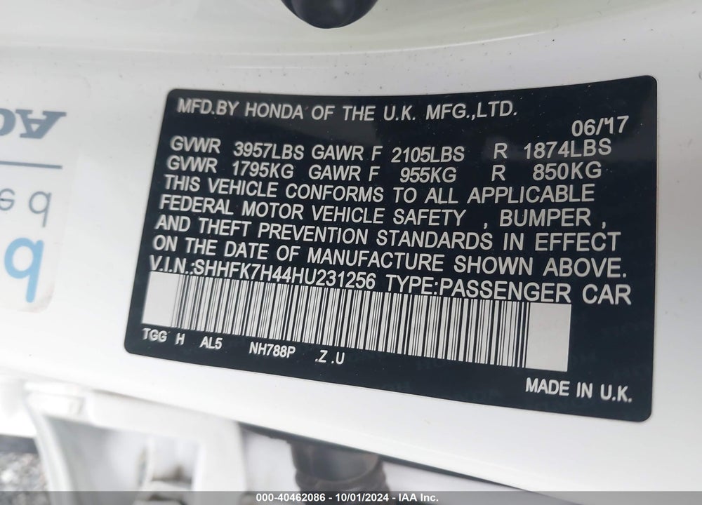 2017 HONDA CIVIC SPORT VIN: SHHFK7H44HU231256