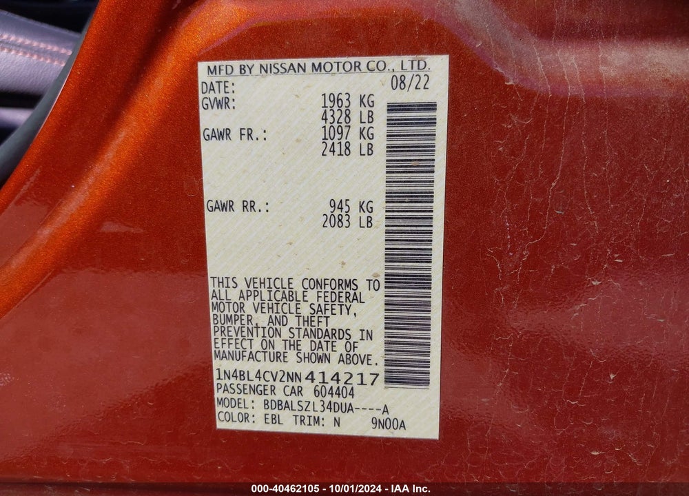 2022 NISSAN ALTIMA SR FWD VIN: 1N4BL4CV2NN414217