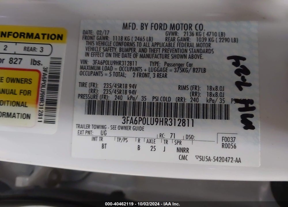 2017 FORD FUSION HYBRID SE VIN: 3FA6P0LU9HR312811