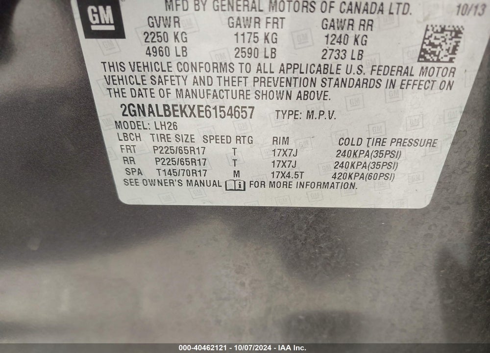 2014 CHEVROLET EQUINOX 1LT VIN: 2GNALBEKXE6154657