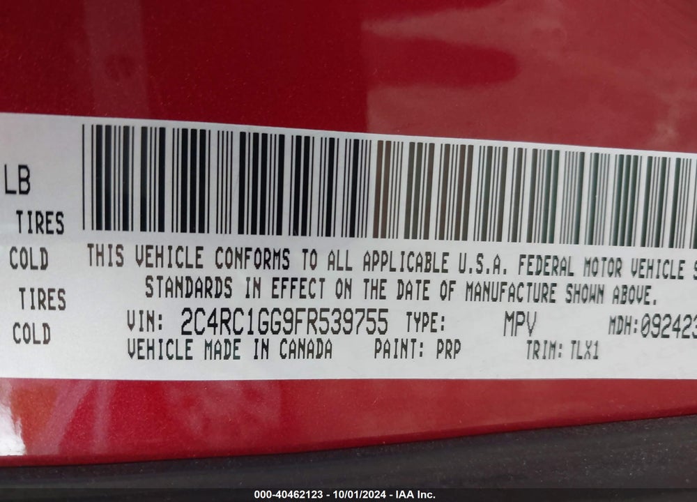 2015 CHRYSLER TOWN & COUNTRY LIMITED PLATINUM VIN: 2C4RC1GG9FR539755