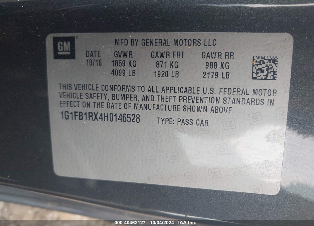 2017 CHEVROLET CAMARO 1LT VIN: 1G1FB1RX4H0146528