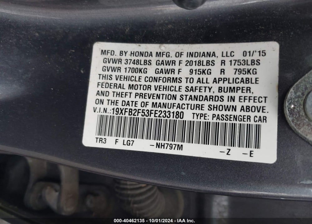 2015 HONDA CIVIC LX VIN: 19XFB2F53FE233180