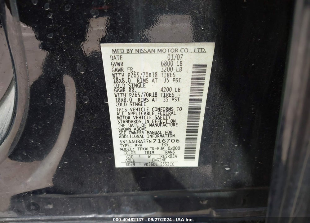 2007 NISSAN ARMADA SE VIN: 5N1AA08A37N716706