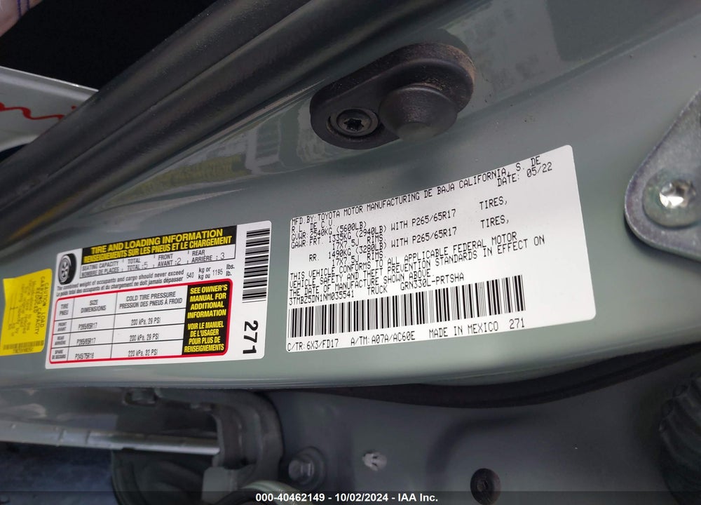 2022 TOYOTA TACOMA TRD SPORT VIN: 3TMBZ5DN1NM035541