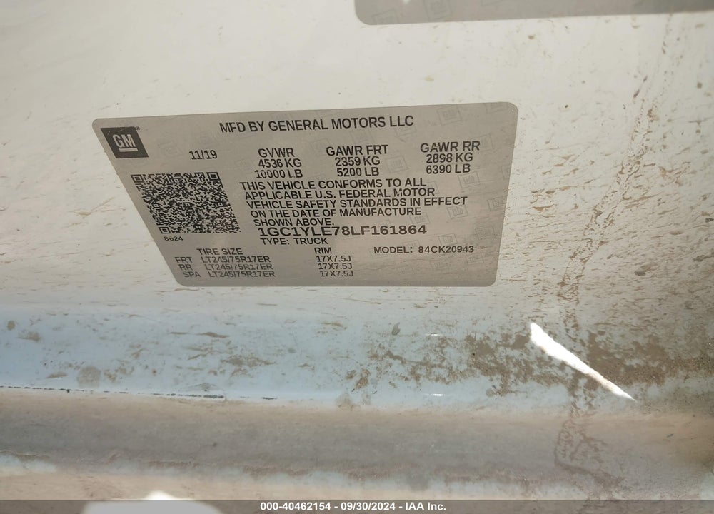 2020 CHEVROLET SILVERADO 2500HD 4WD LONG BED WT VIN: 1GC1YLE78LF161864