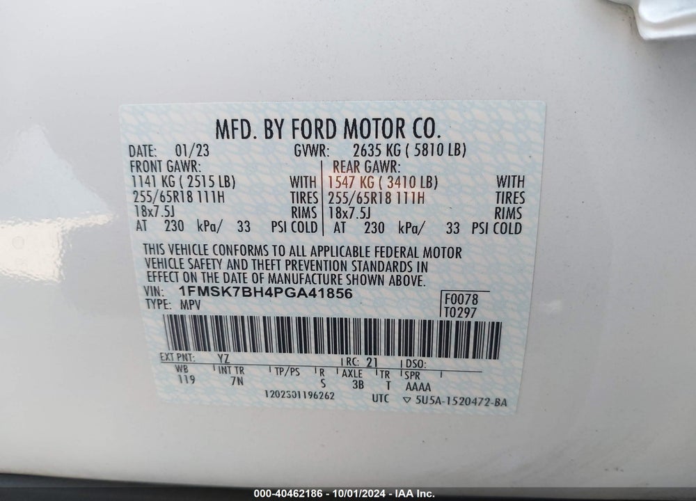 2023 FORD EXPLORER VIN: 1FMSK7BH4PGA41856