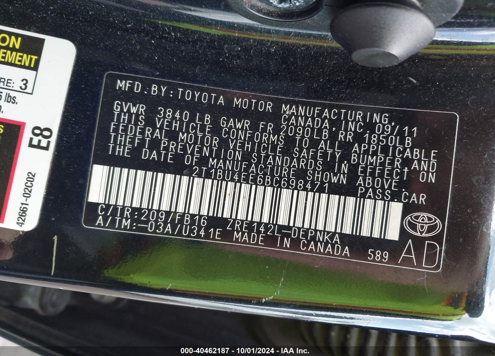 2011 TOYOTA COROLLA LE VIN: 2T1BU4EE6BC698471