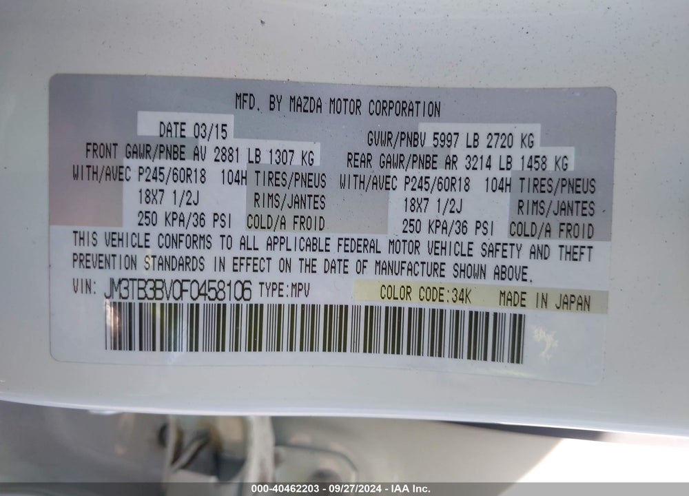 2015 MAZDA CX-9 SPORT VIN: JM3TB3BV0F0458106