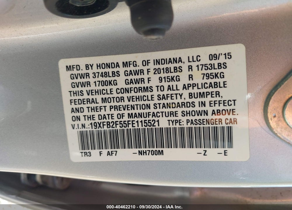 2015 HONDA CIVIC LX VIN: 19XFB2F55FE115521
