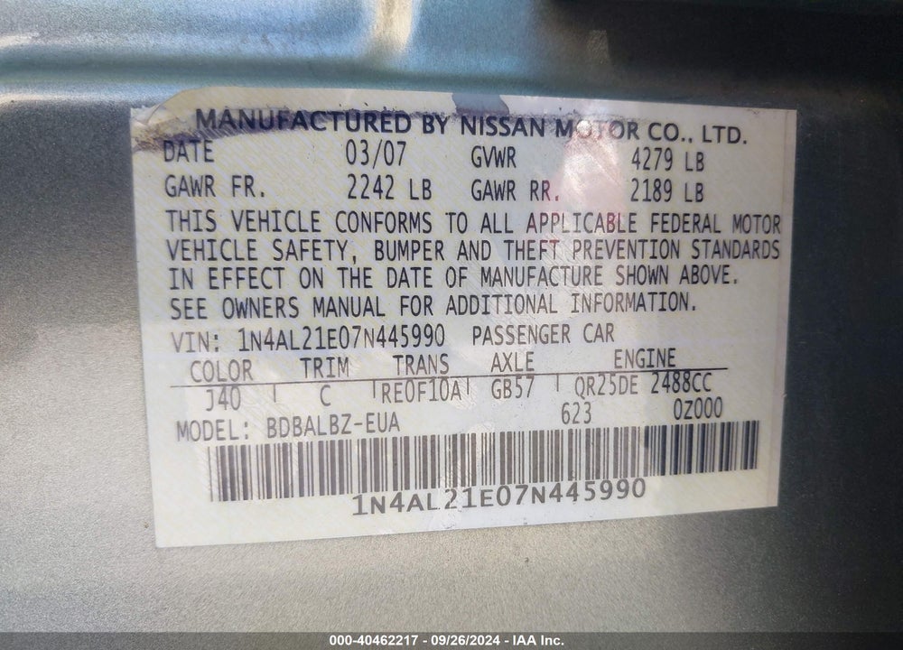2007 NISSAN ALTIMA 2.5 S VIN: 1N4AL21E07N445990
