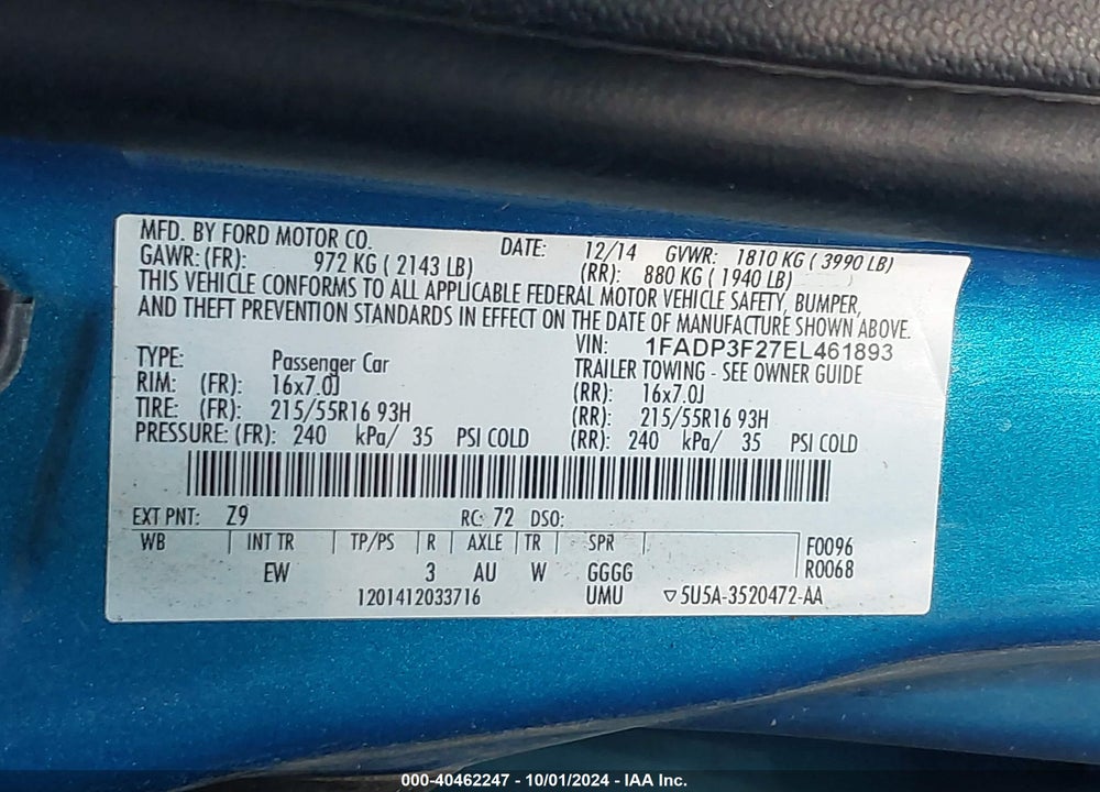 2014 FORD FOCUS SE VIN: 1FADP3F27EL461893