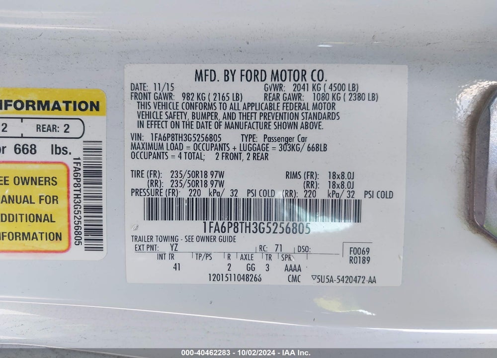 2016 FORD MUSTANG VIN: 1FA6P8TH3G5256805