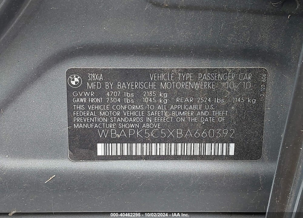 2011 BMW 328I XDRIVE VIN: WBAPK5C5XBA660392