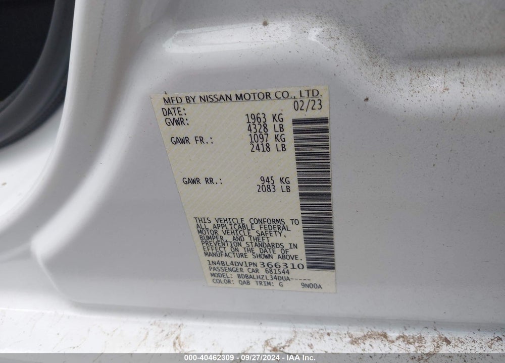 2023 NISSAN ALTIMA SV FWD VIN: 1N4BL4DV1PN366310