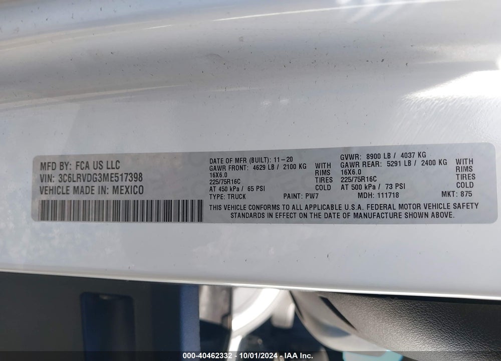 2021 RAM PROMASTER 2500 HIGH ROOF 159 WB VIN: 3C6LRVDG3ME517398