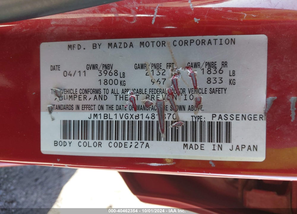 2011 MAZDA 3 I TOURING VIN: JM1BL1VGXB1481870