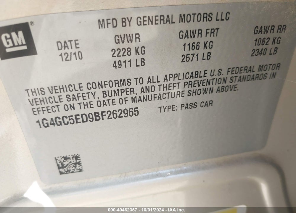 2011 BUICK LACROSSE CXL VIN: 1G4GC5ED9BF262965