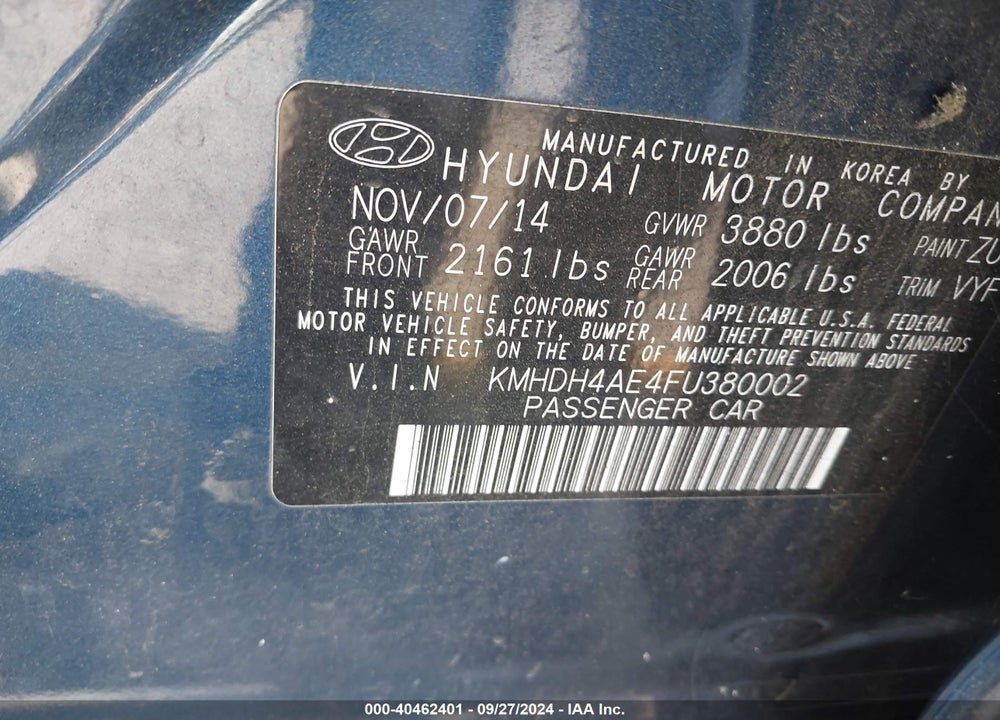 2015 HYUNDAI ELANTRA SE VIN: KMHDH4AE4FU380002