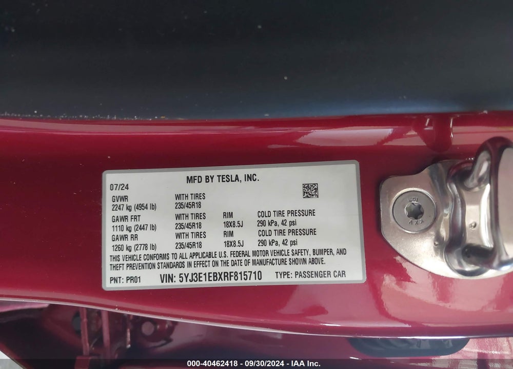 2024 TESLA MODEL 3 LONG RANGE DUAL MOTOR ALL-WHEEL DRIVE VIN: 5YJ3E1EBXRF815710