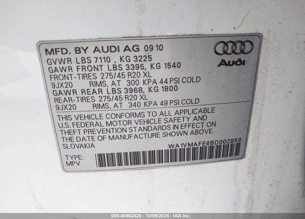 2011 AUDI Q7 3.0 TDI PREMIUM VIN: WA1VMAFE6BD002859