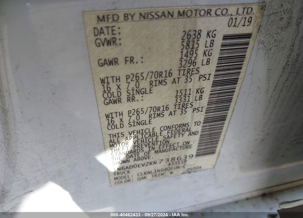 2019 NISSAN FRONTIER VIN: 1N6AD0EV2KN738639