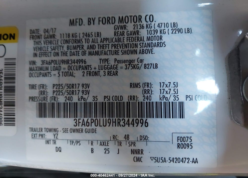 2017 FORD FUSION HYBRID SE VIN: 3FA6P0LU9HR344996